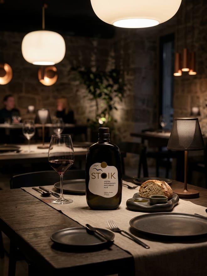 A bottle of STOIK olive oil on a candlelit restaurant table with red wine, bread and olive oil for dipping